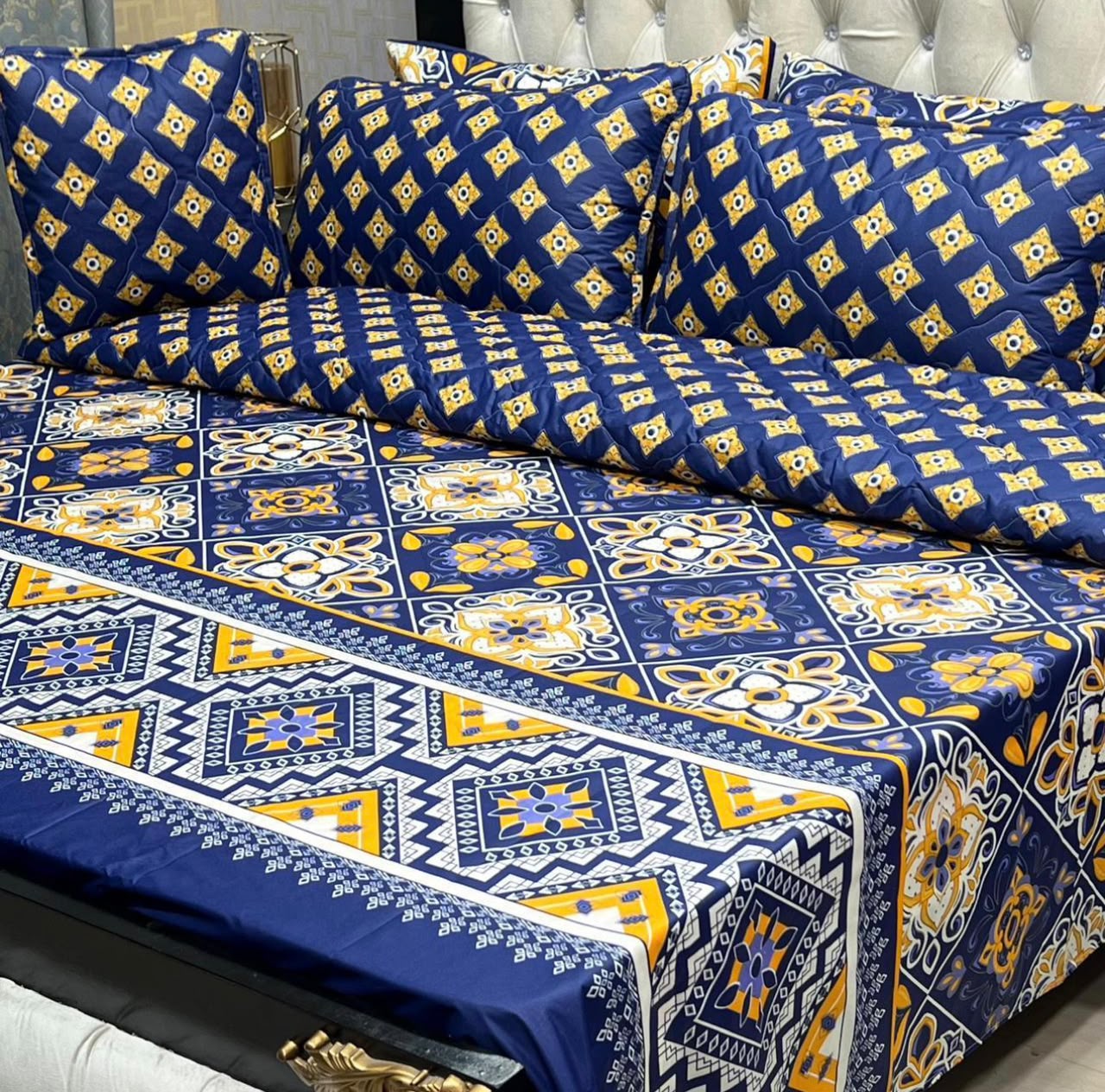 7-Piece Royal Blue Geometric Comforter Set