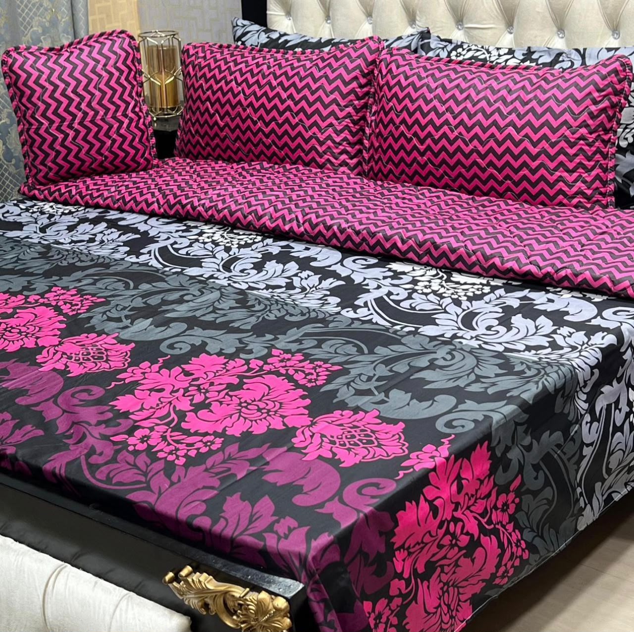 7-Piece Black & Pink Floral Comforter Set