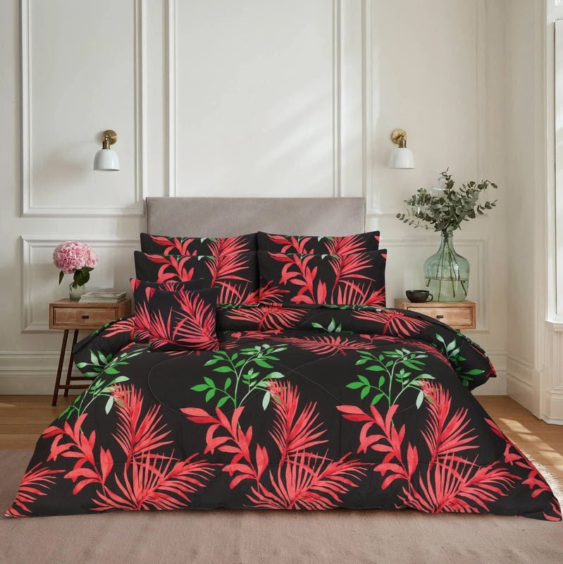 Luxury Winter Razai Set – Black & Crimson Tropical Print