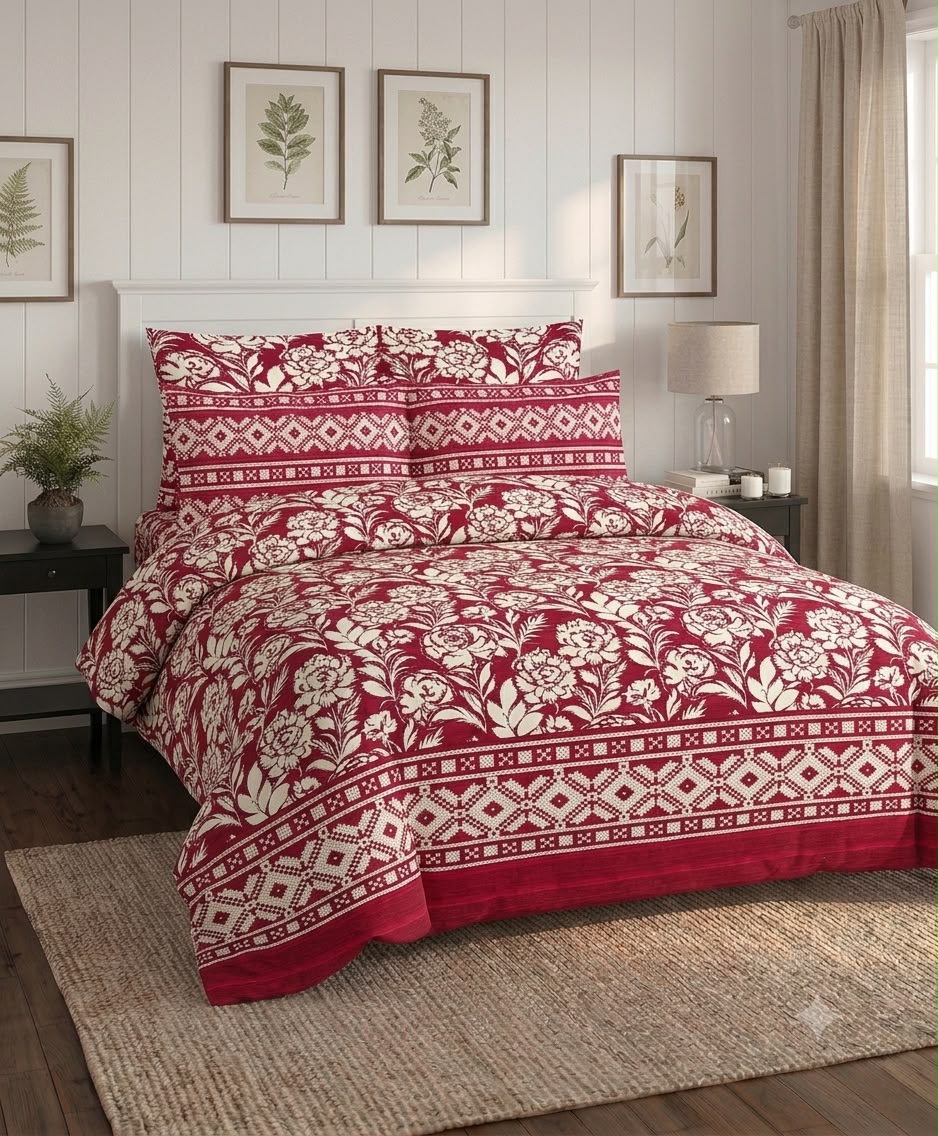 Ruby Red Floral Cotton Bedsheet Set