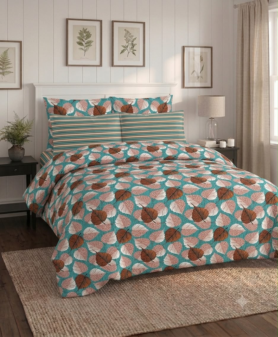 Teal Leaf Cotton Bedsheet Set