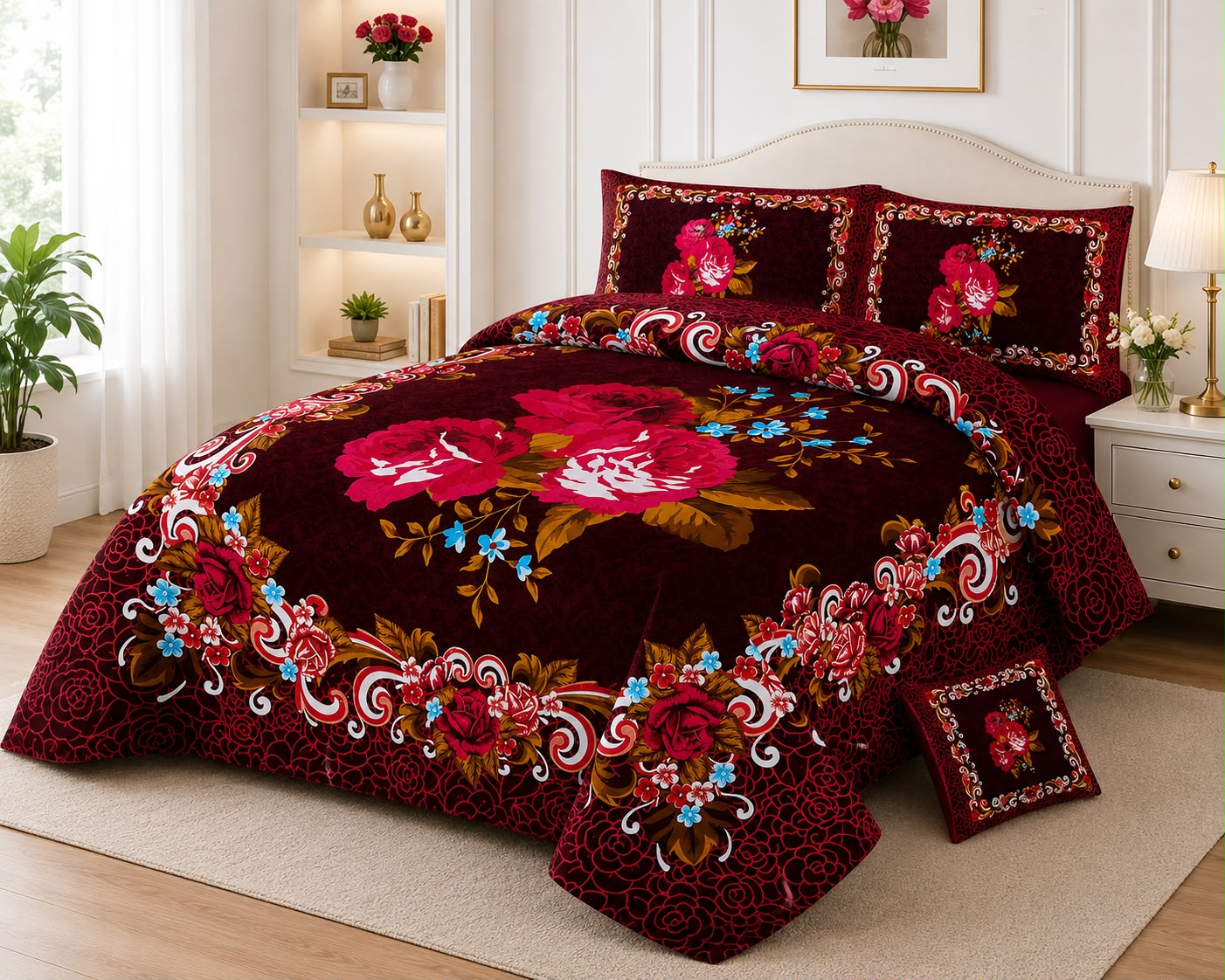 Maroon Floral Luxury Bedsheet Set